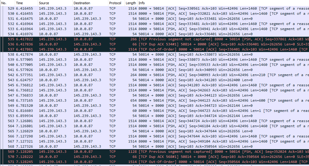 Wireshark screenshot of out of order packets